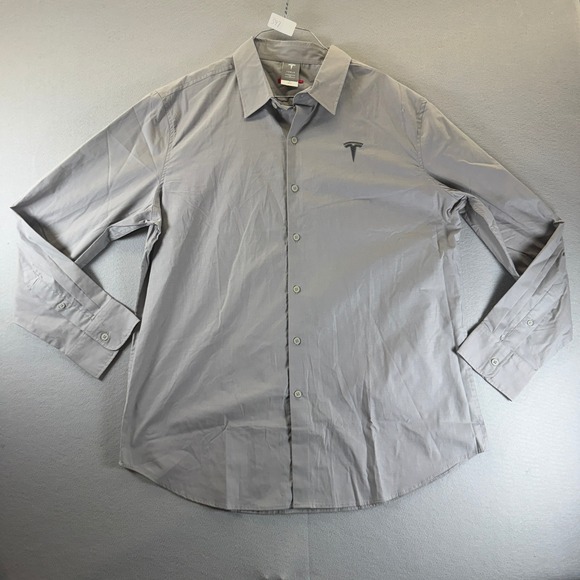 Tesla Motors Mens XL Gray Long Sleeve Button Down Shirt Logo Cotton Blend